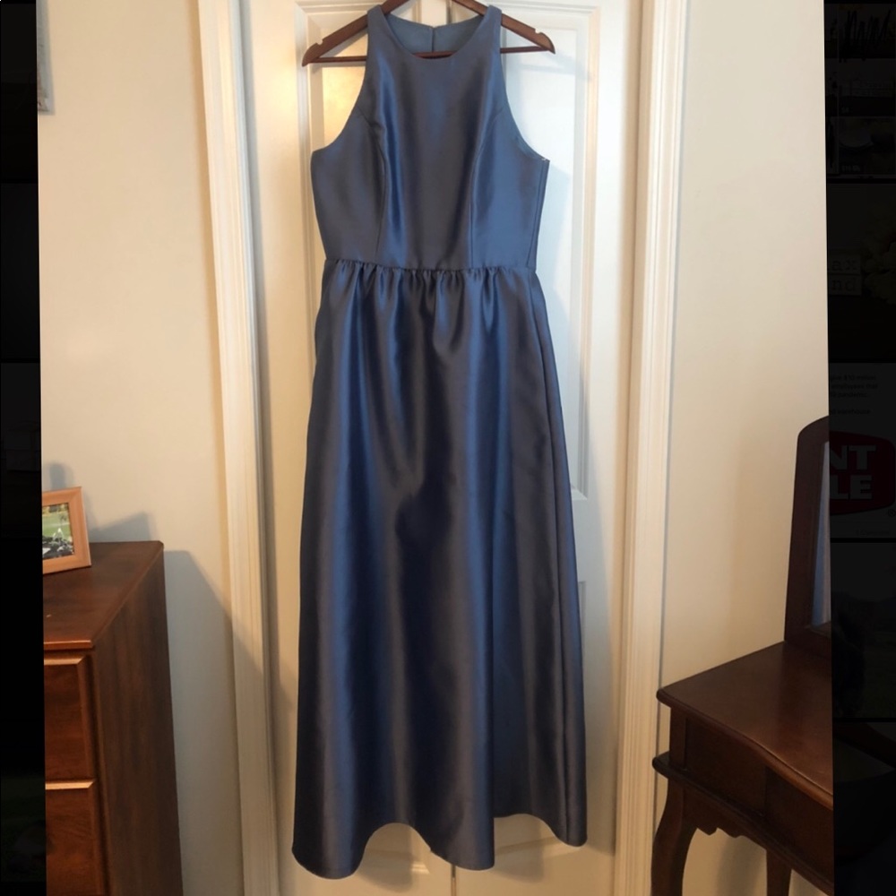 Blue long high neck bridesmaid dress